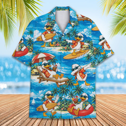 Tropical duck hawaiian shirt in blue, red, and yellow, front view