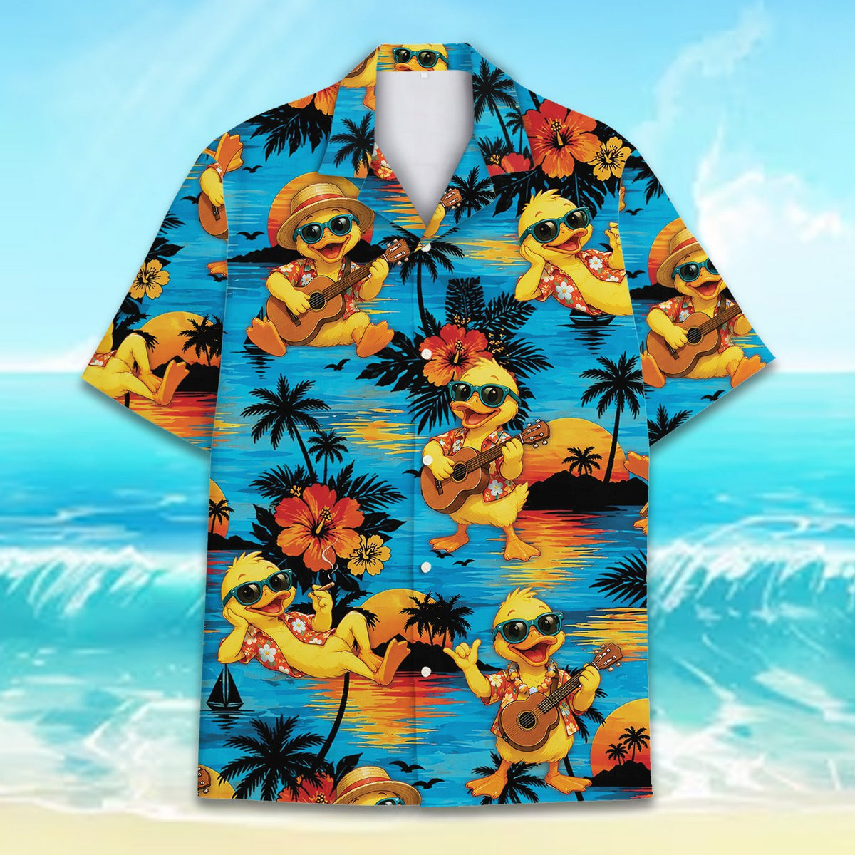 Matching family hawaiian shirts in tropical duck design, alternate main view