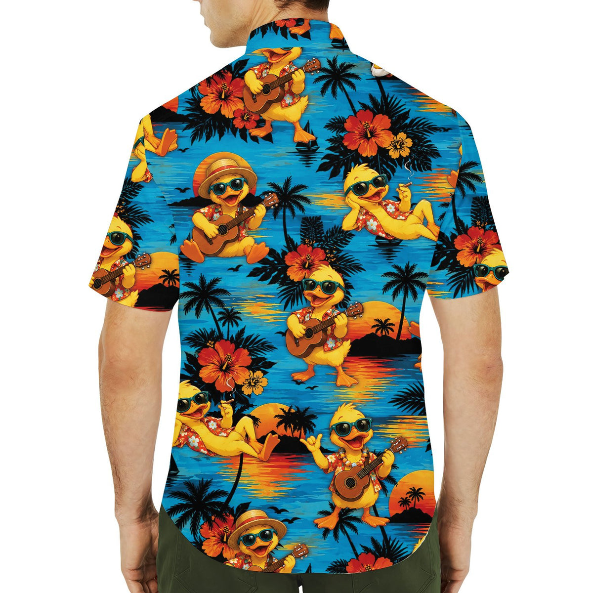 Second lifestyle view of individuals wearing matching family hawaiian shirts outdoors
