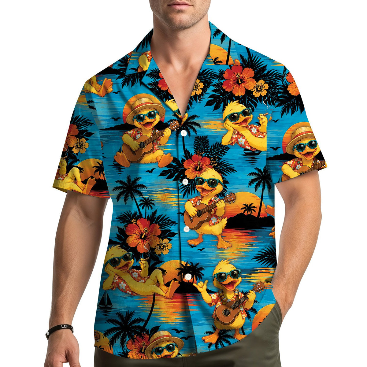 Lifestyle view of a family wearing matching tropical duck hawaiian shirts at the beach