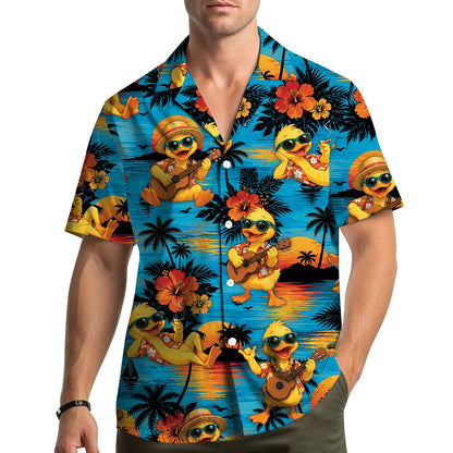 Lifestyle view of a family wearing matching tropical duck hawaiian shirts at the beach