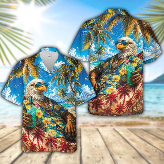 Tropical eagle hawaiian shirt showing an eagle lounging in a red hammock on a beach, main view
