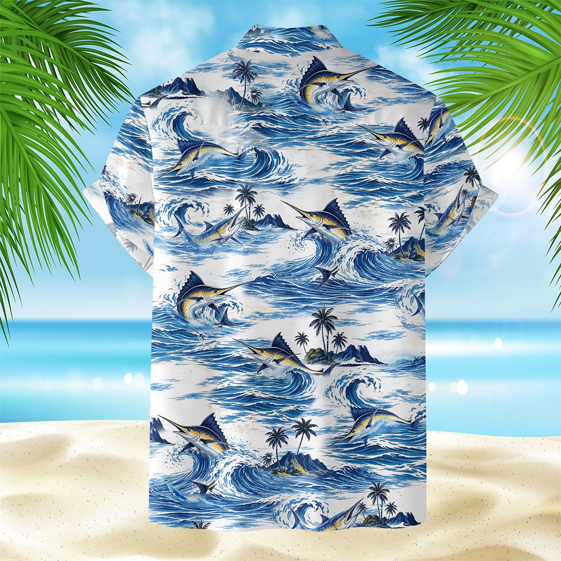 Detailed back view of the tropical fishing hawaiian shirt