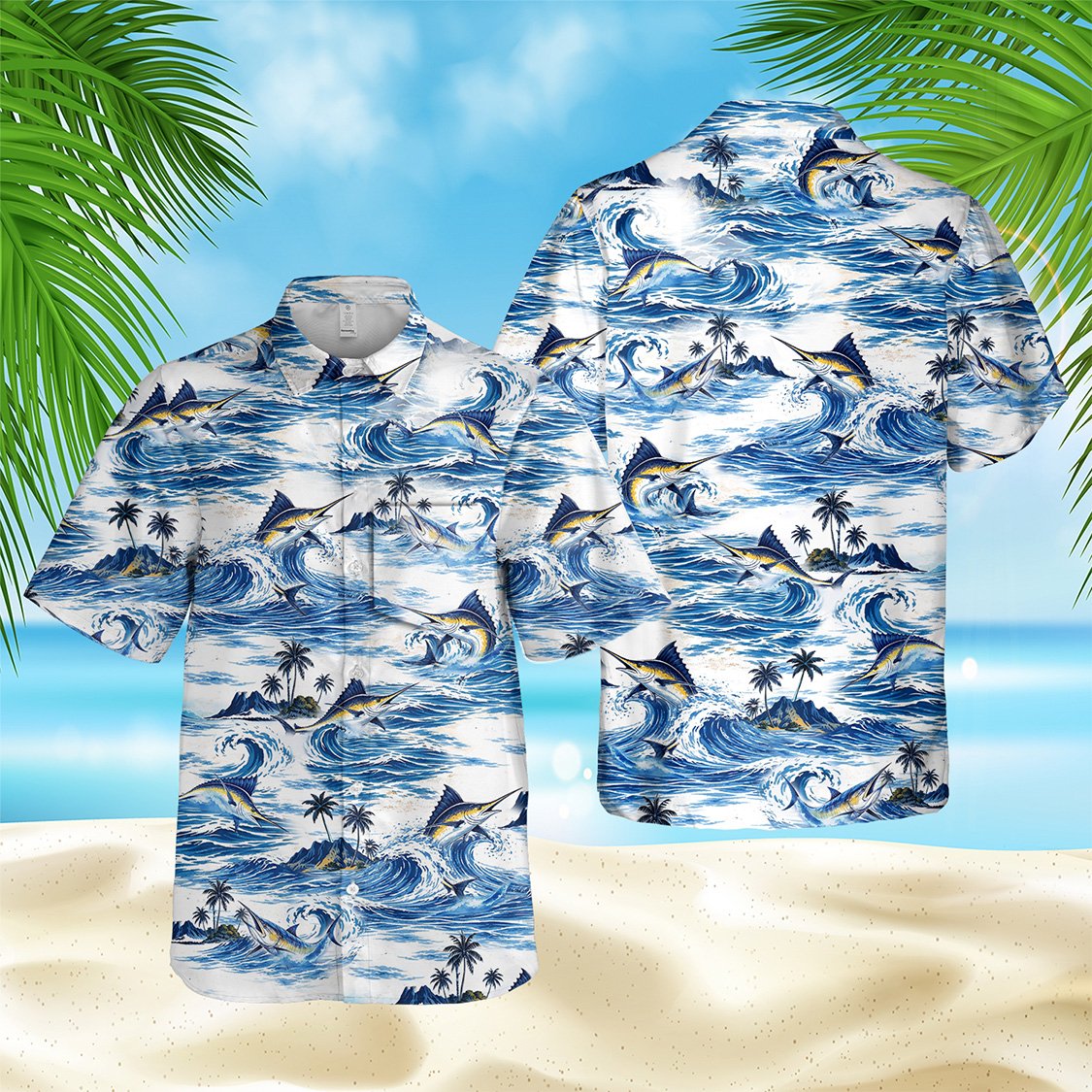 Close up front view of the white, navy, and blue tropical fishing hawaiian shirt
