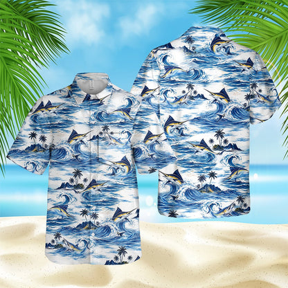 Close up front view of the white, navy, and blue tropical fishing hawaiian shirt