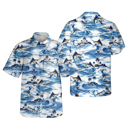 Detailed front view of the tropical fishing hawaiian shirt showing the marlin design