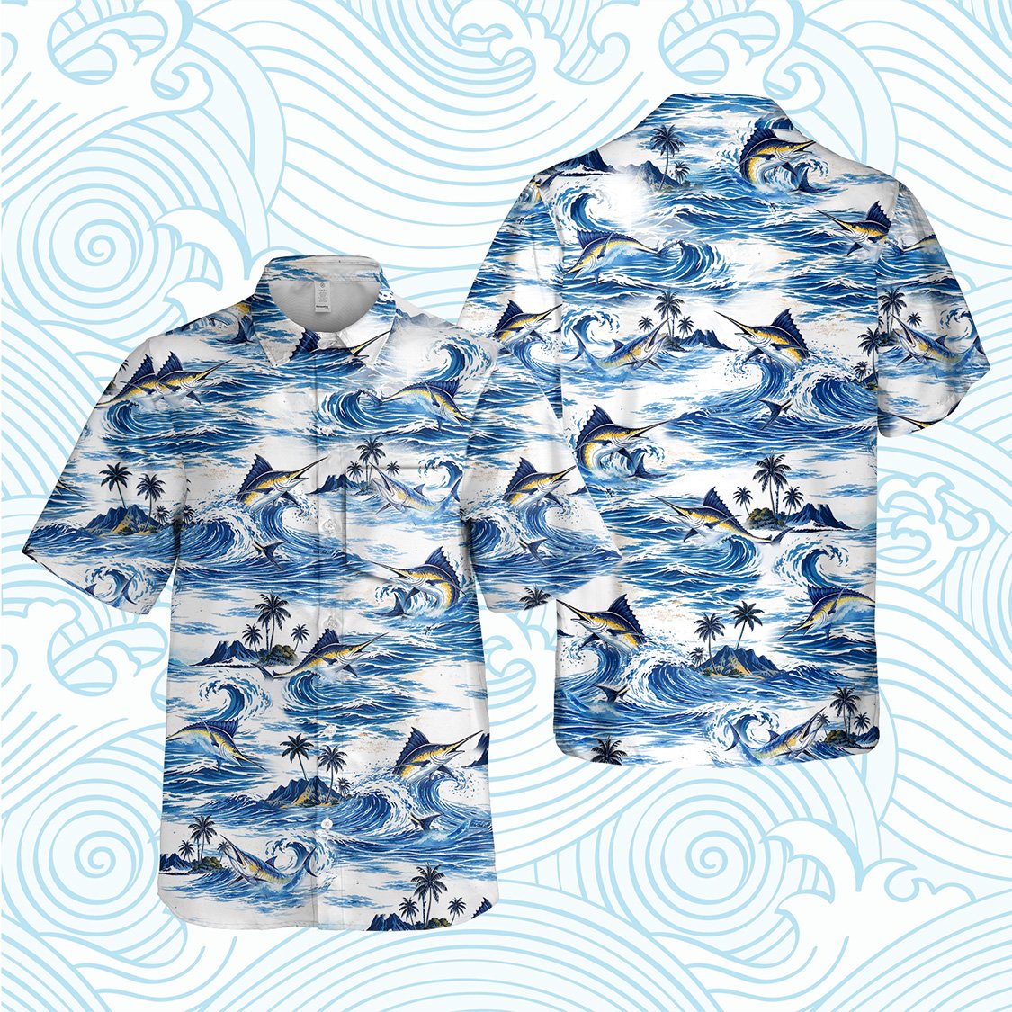 Another front view of the tropical fishing hawaiian shirt on a white background