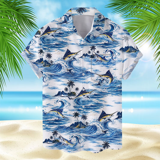 Matching family hawaiian shirts featuring a tropical fishing design with blue ocean waves and marlins, main view