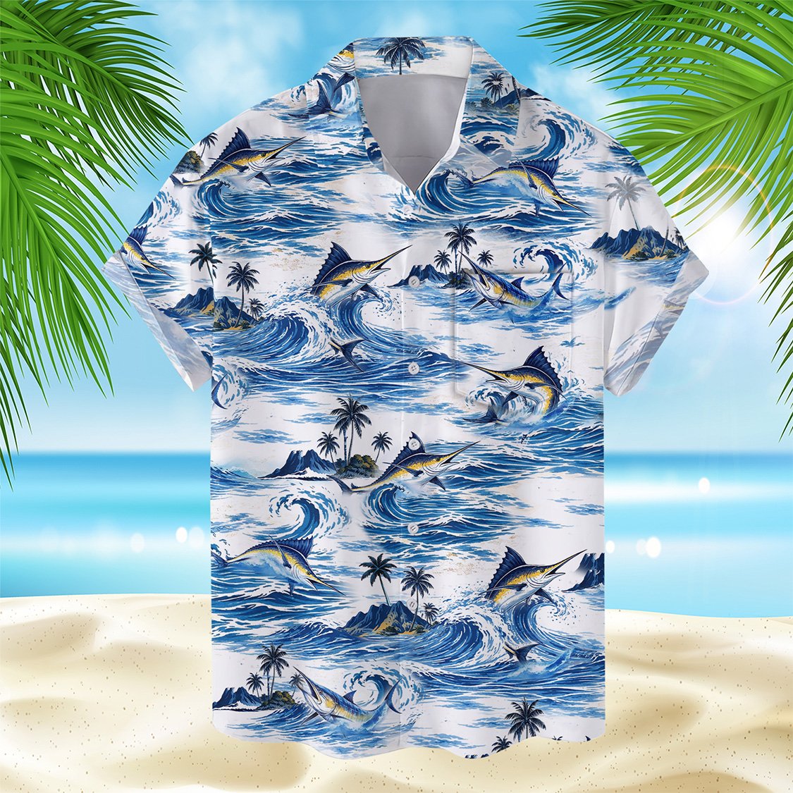 Front view of the tropical fishing hawaiian shirt with ocean wave and marlin pattern
