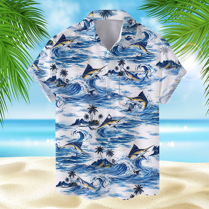 Front view of the tropical fishing hawaiian shirt with ocean wave and marlin pattern