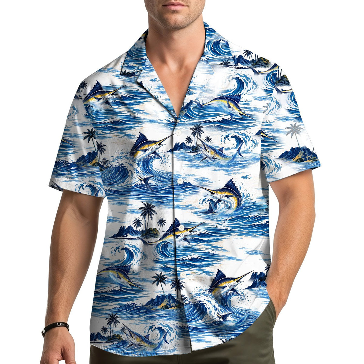 Lifestyle view of people wearing the matching family hawaiian shirts with tropical fishing design