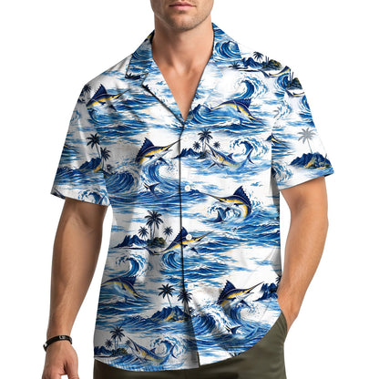 Lifestyle view of people wearing the matching family hawaiian shirts with tropical fishing design