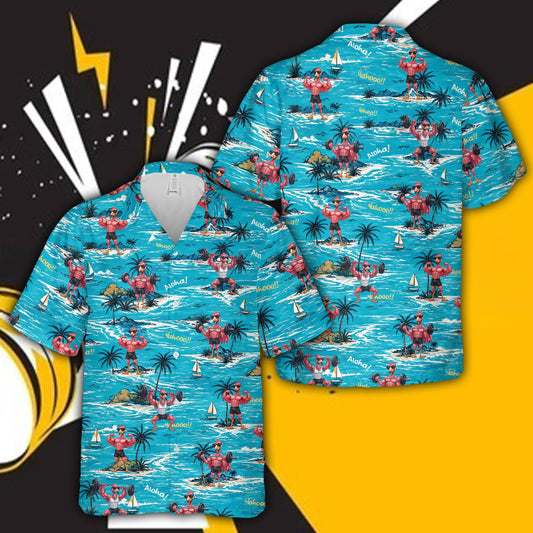 Tropical fitness hawaiian shirt with muscular flamingos on teal background, main view
