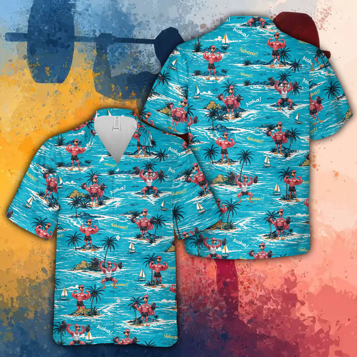 Tropical fitness hawaiian shirt front view with palm trees and beach setting