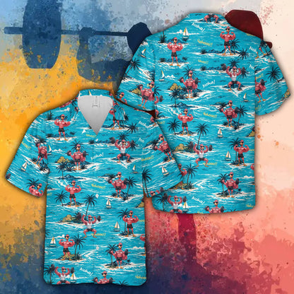 Tropical fitness hawaiian shirt front view with palm trees and beach setting