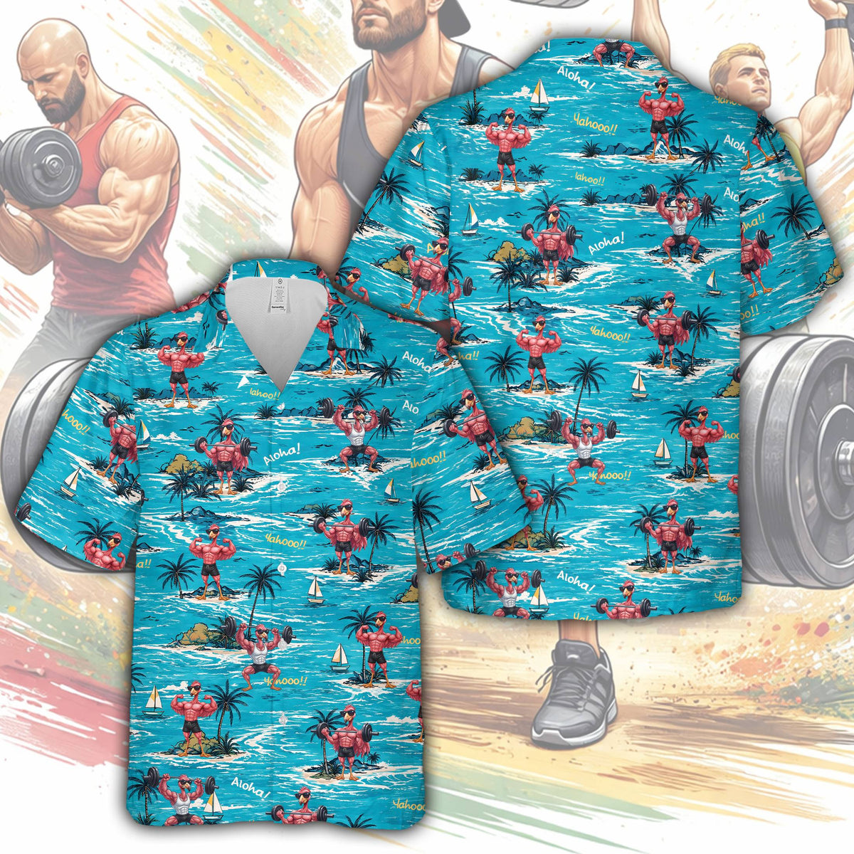 Front view of the tropical fitness hawaiian shirt featuring Aloha and Yahooo text