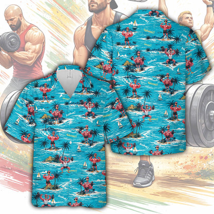 Front view of the tropical fitness hawaiian shirt featuring Aloha and Yahooo text