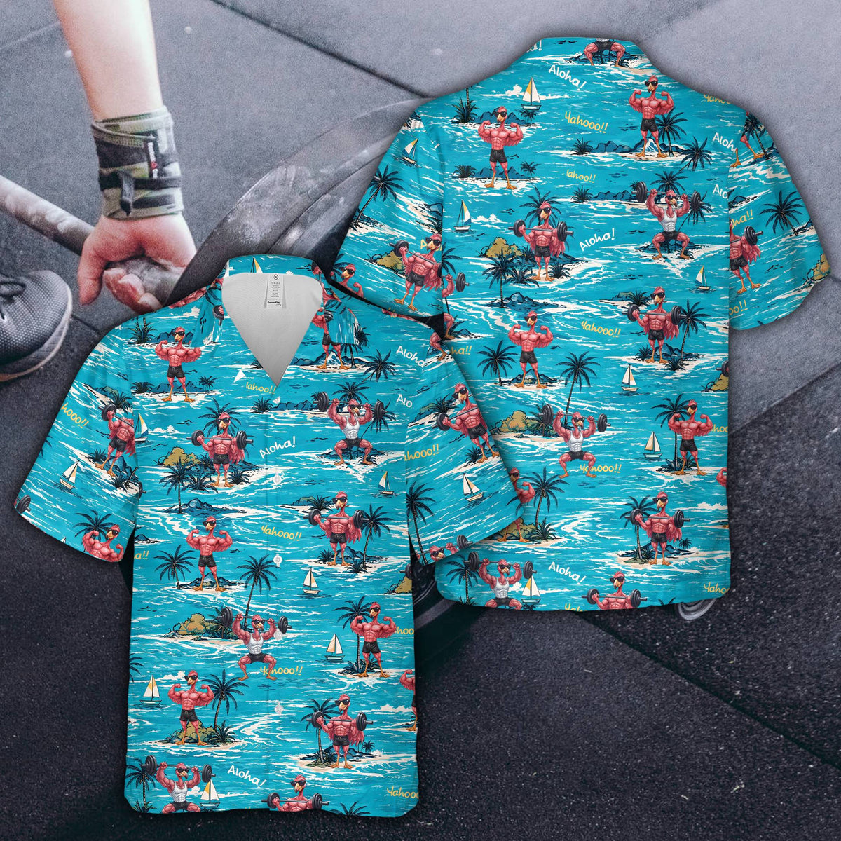 Tropical fitness hawaiian shirt front view showing colorful design