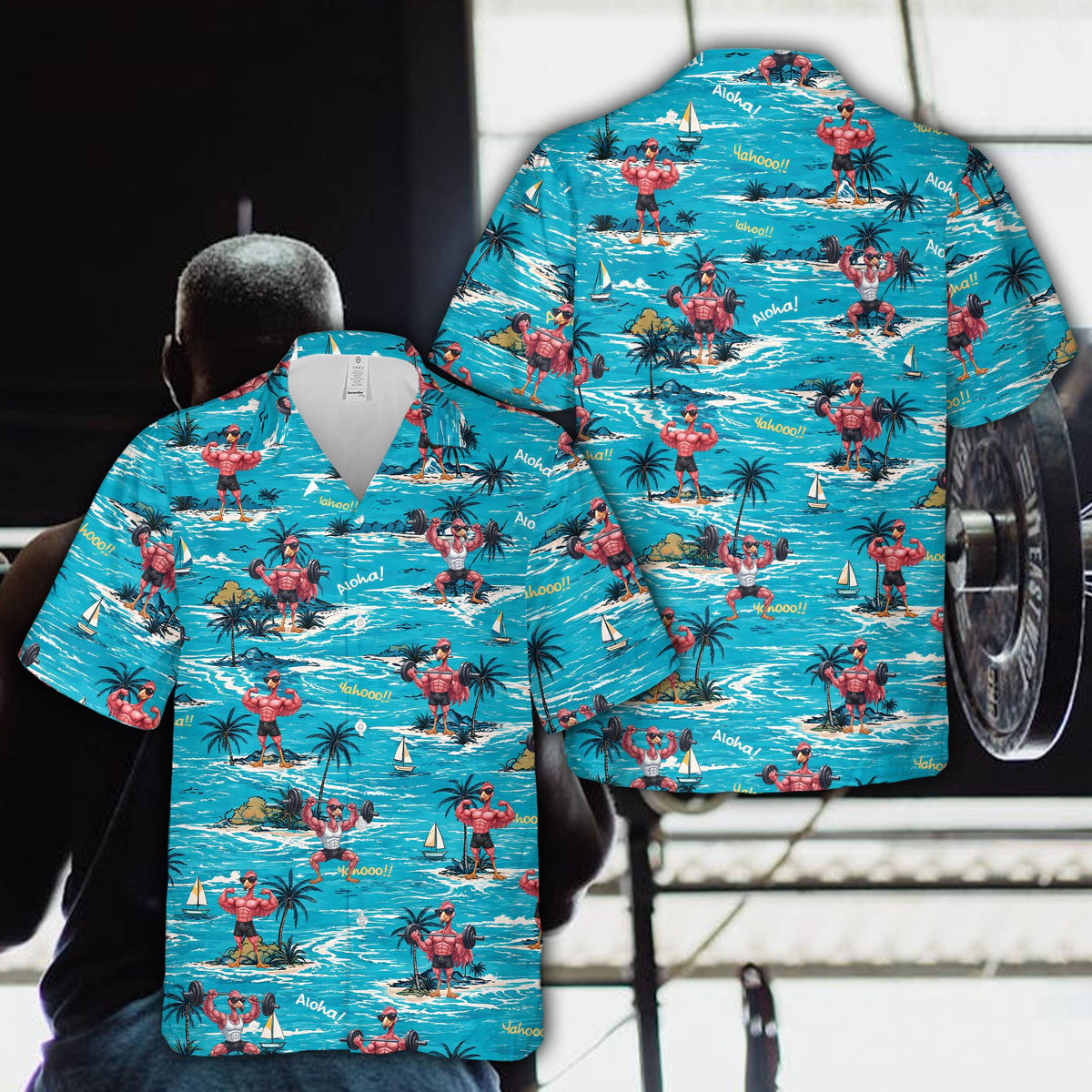 Front view of the tropical fitness hawaiian shirt with vibrant pink and teal colors