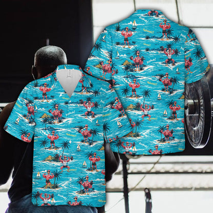 Front view of the tropical fitness hawaiian shirt with vibrant pink and teal colors