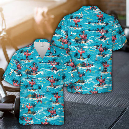 Tropical fitness hawaiian shirt front view detail of flamingos lifting weights