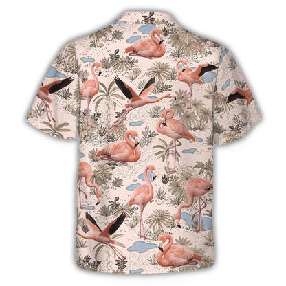 Back view of the tropical flamingo hawaiian shirt
