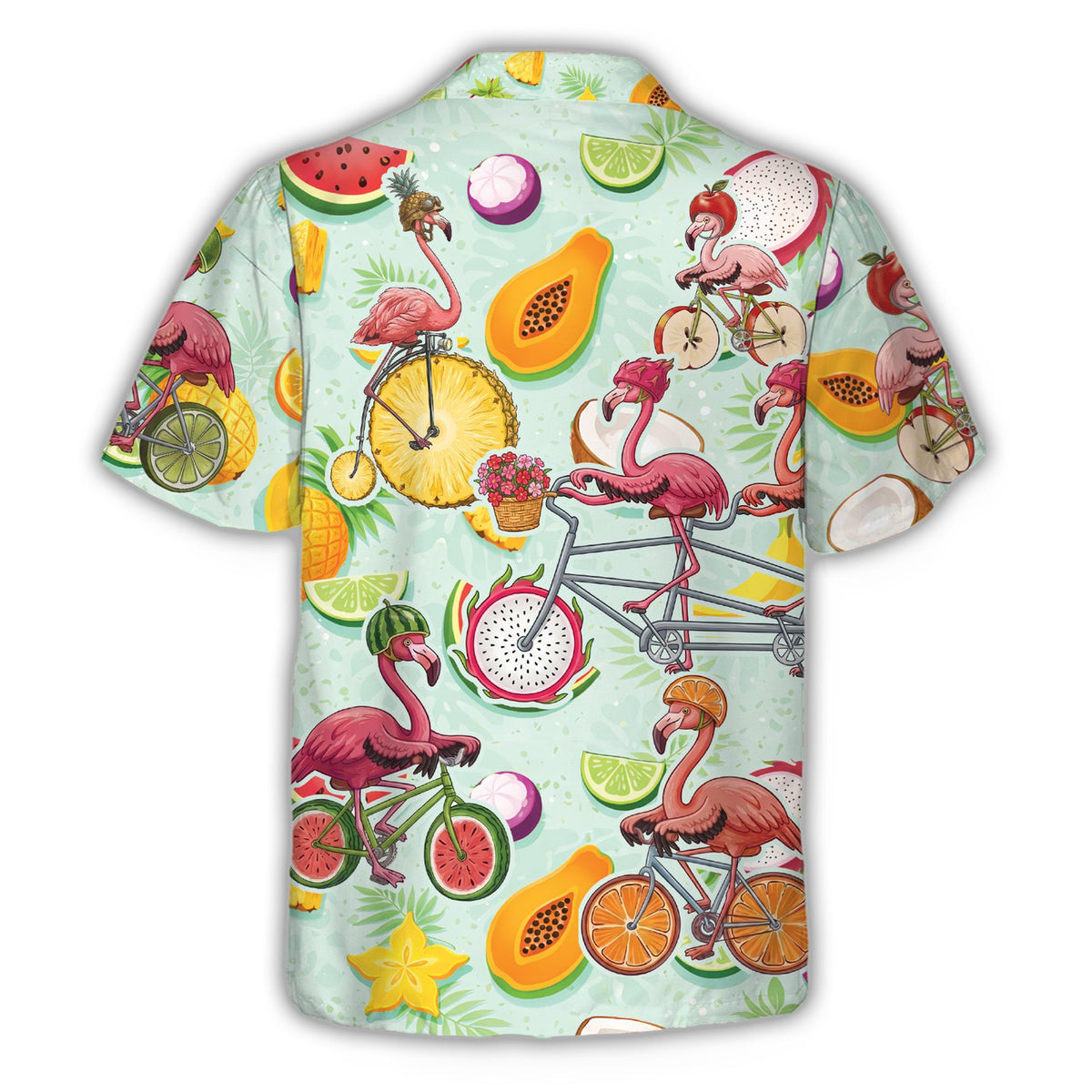 Back view of the light mint green flamingo hawaiian shirt