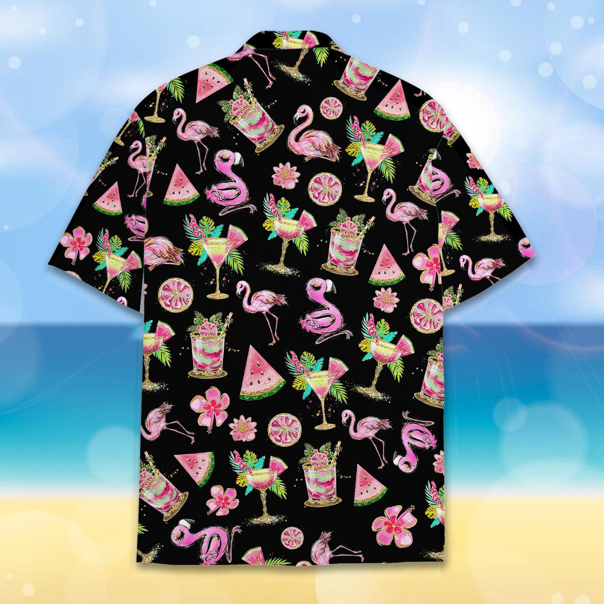 Back view of tropical hawaiian shirt flamingo pattern