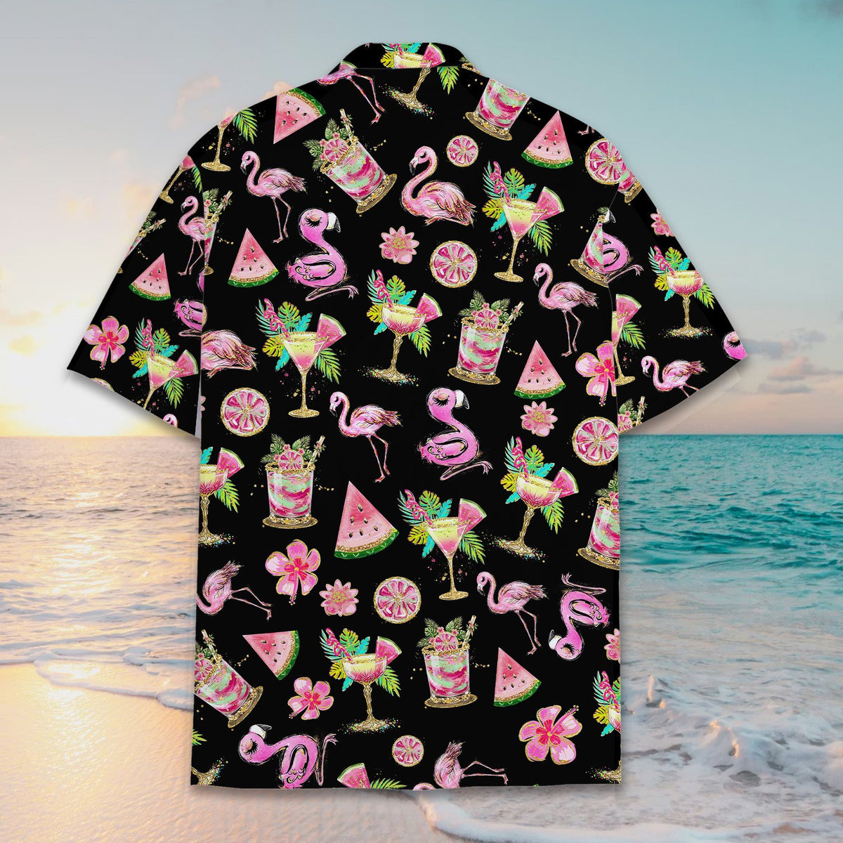 Men's flamingo hawaiian shirt matching family outfit, back view