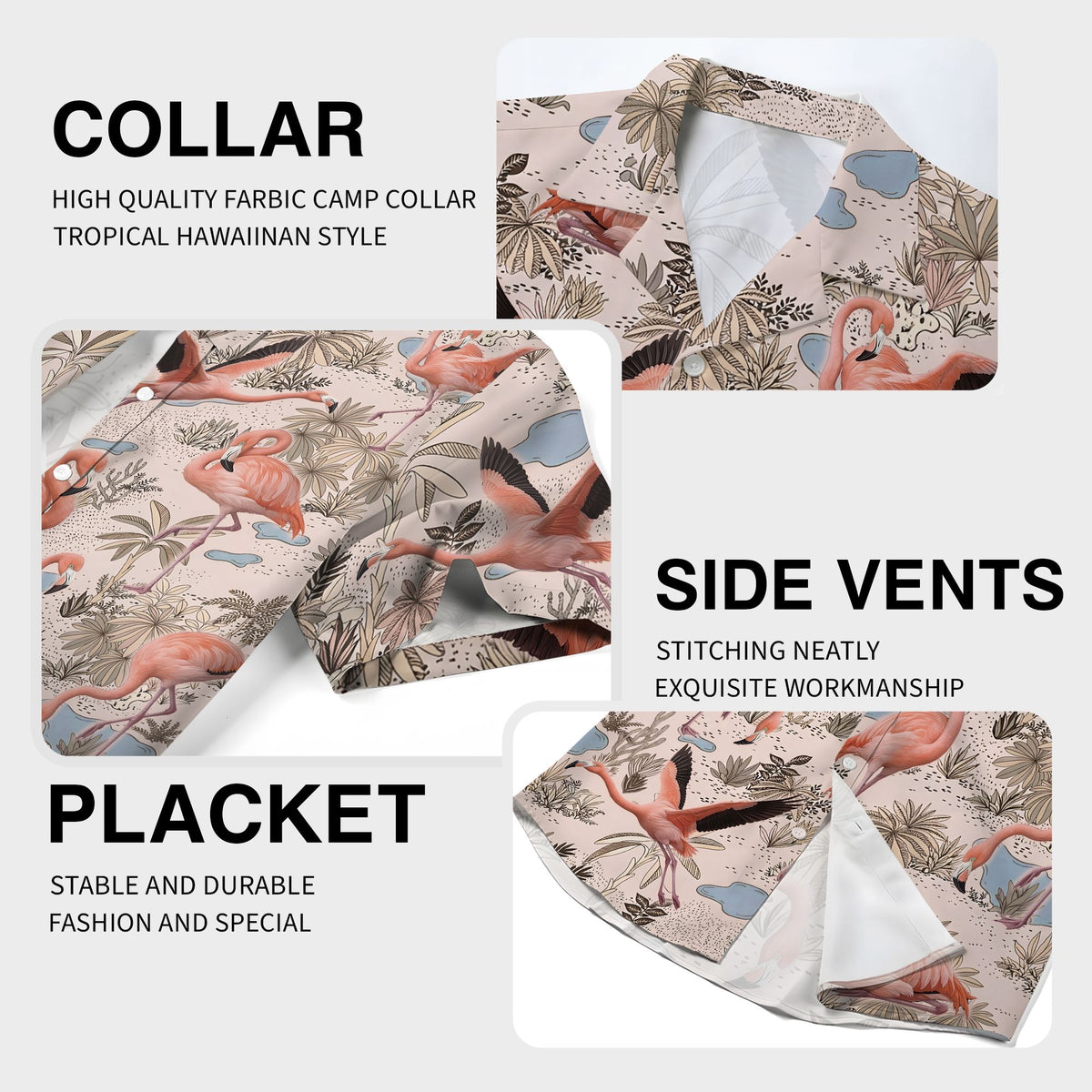 Close-up detail of the pink flamingos and tropical foliage print on the hawaiian shirt