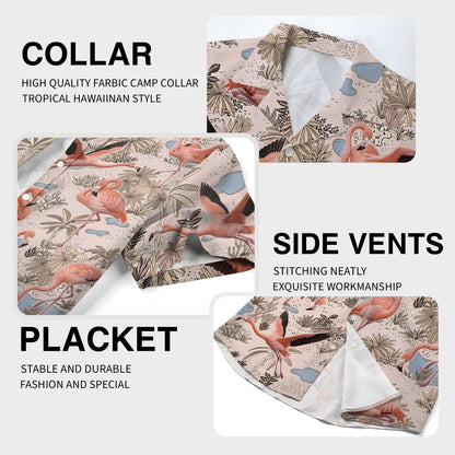 Close-up detail of the pink flamingos and tropical foliage print on the hawaiian shirt