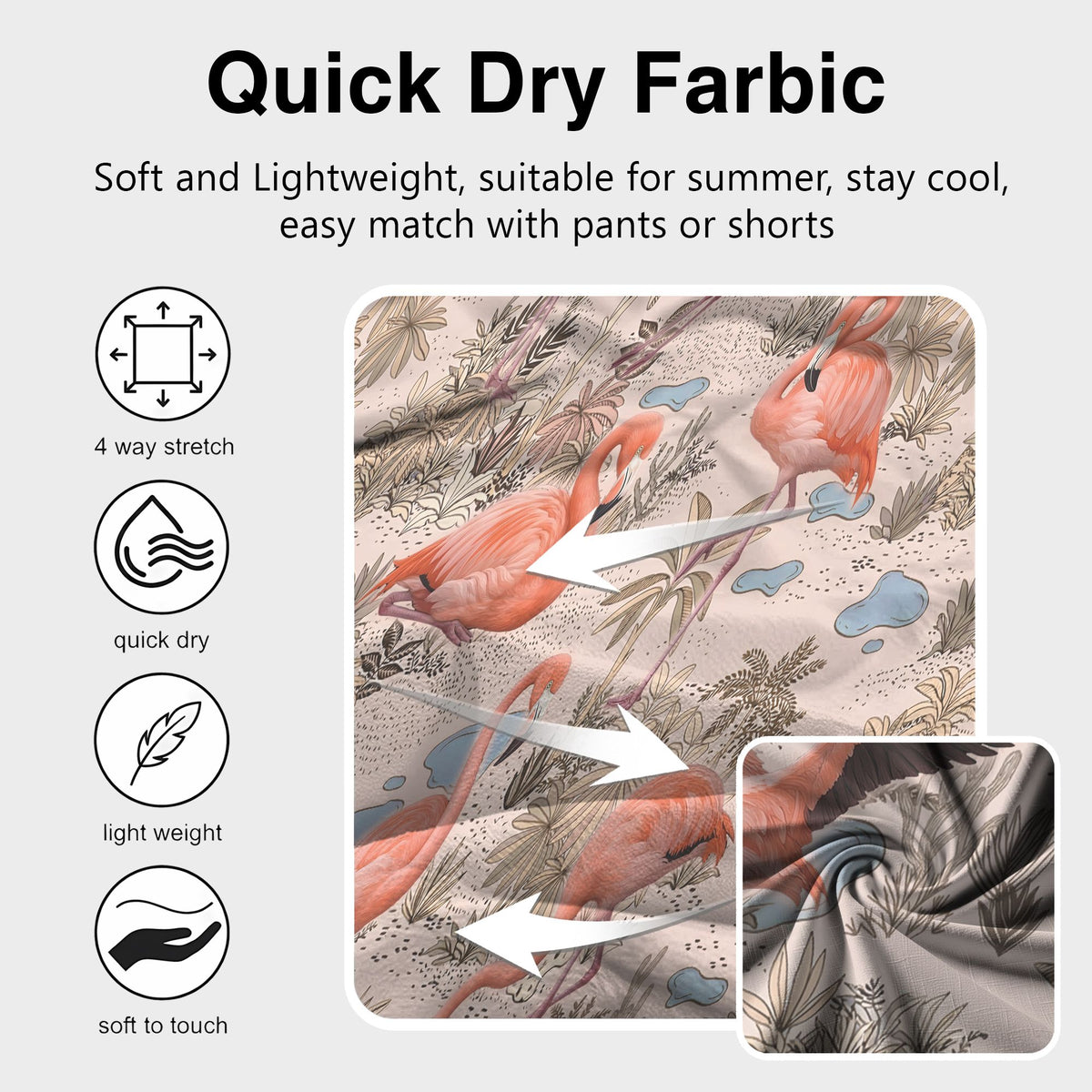 Fabric detail showing the polyester material of the flamingo hawaiian shirt