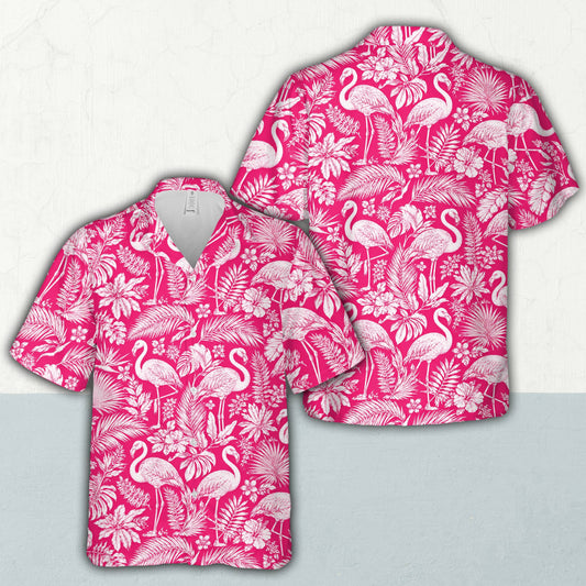Pink flamingo hawaiian shirt with white tropical pattern, main view