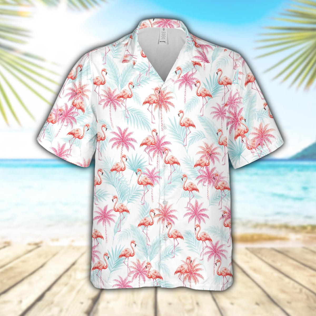 Detailed view of the tropical hawaiian shirt flamingo pattern on a white background