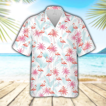Detailed view of the tropical hawaiian shirt flamingo pattern on a white background