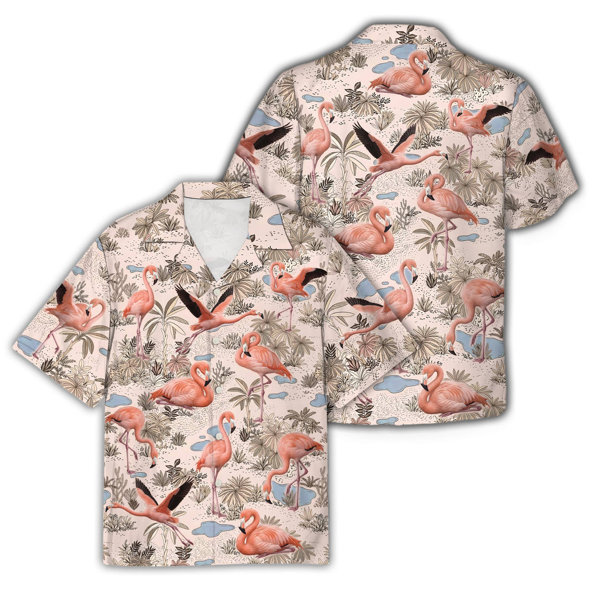 Front view of the tropical flamingo hawaiian shirt