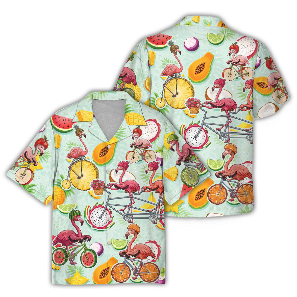 Front view of the tropical flamingo hawaiian shirt with fruit bicycles