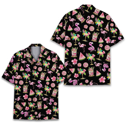 Matching family hawaiian shirts with pink flamingos and watermelon, front view