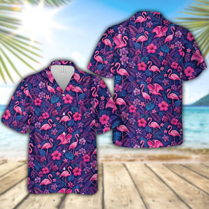 Matching family hawaiian shirts with tropical flamingo and floral print on a navy background