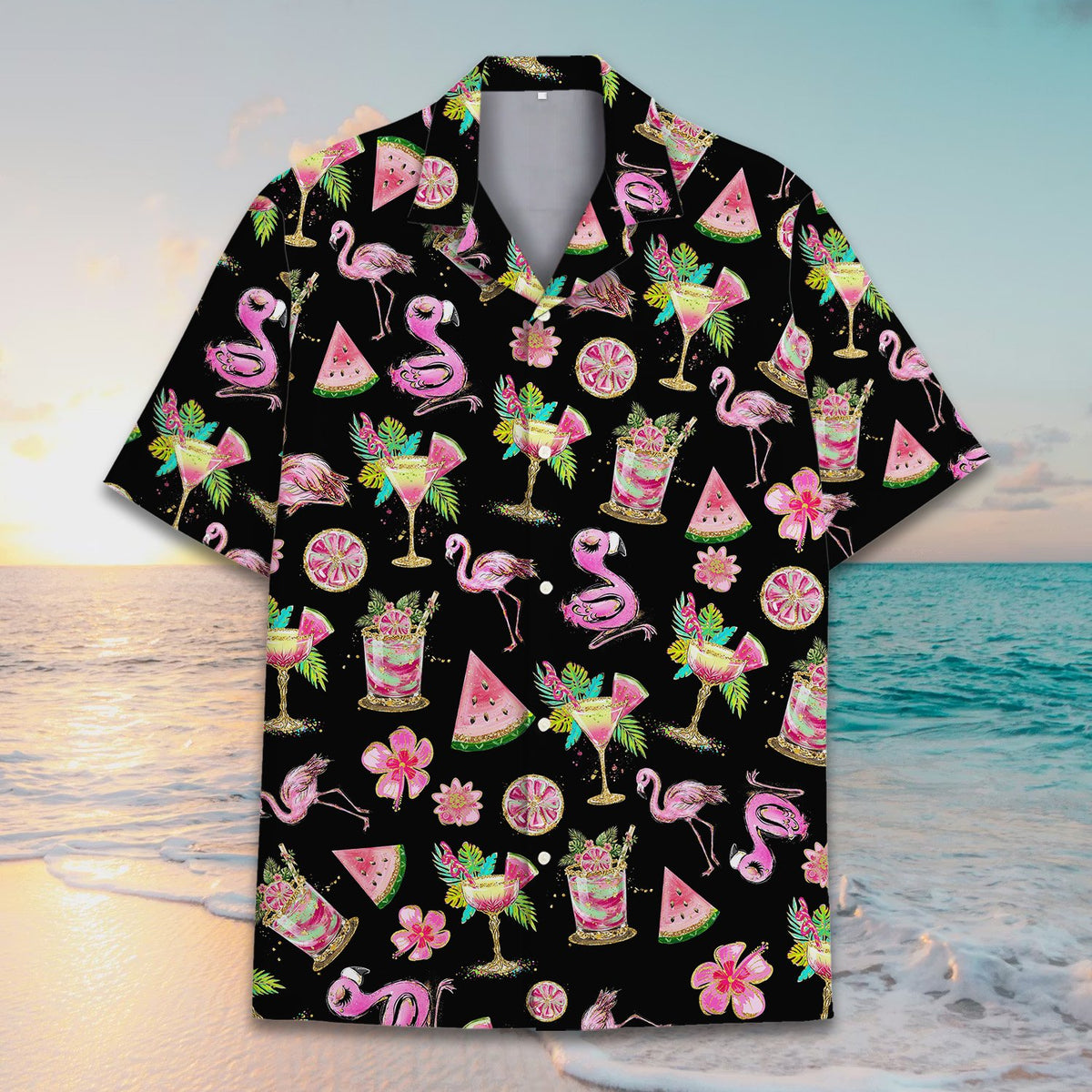 Close up of tropical hawaiian shirt design featuring hibiscus flowers