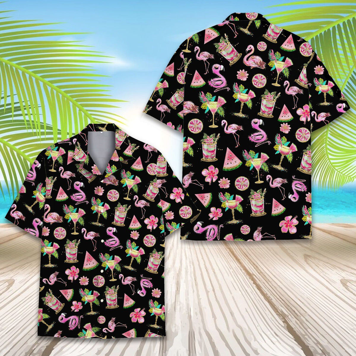 Front view of summer vacation flamingo hawaiian shirt