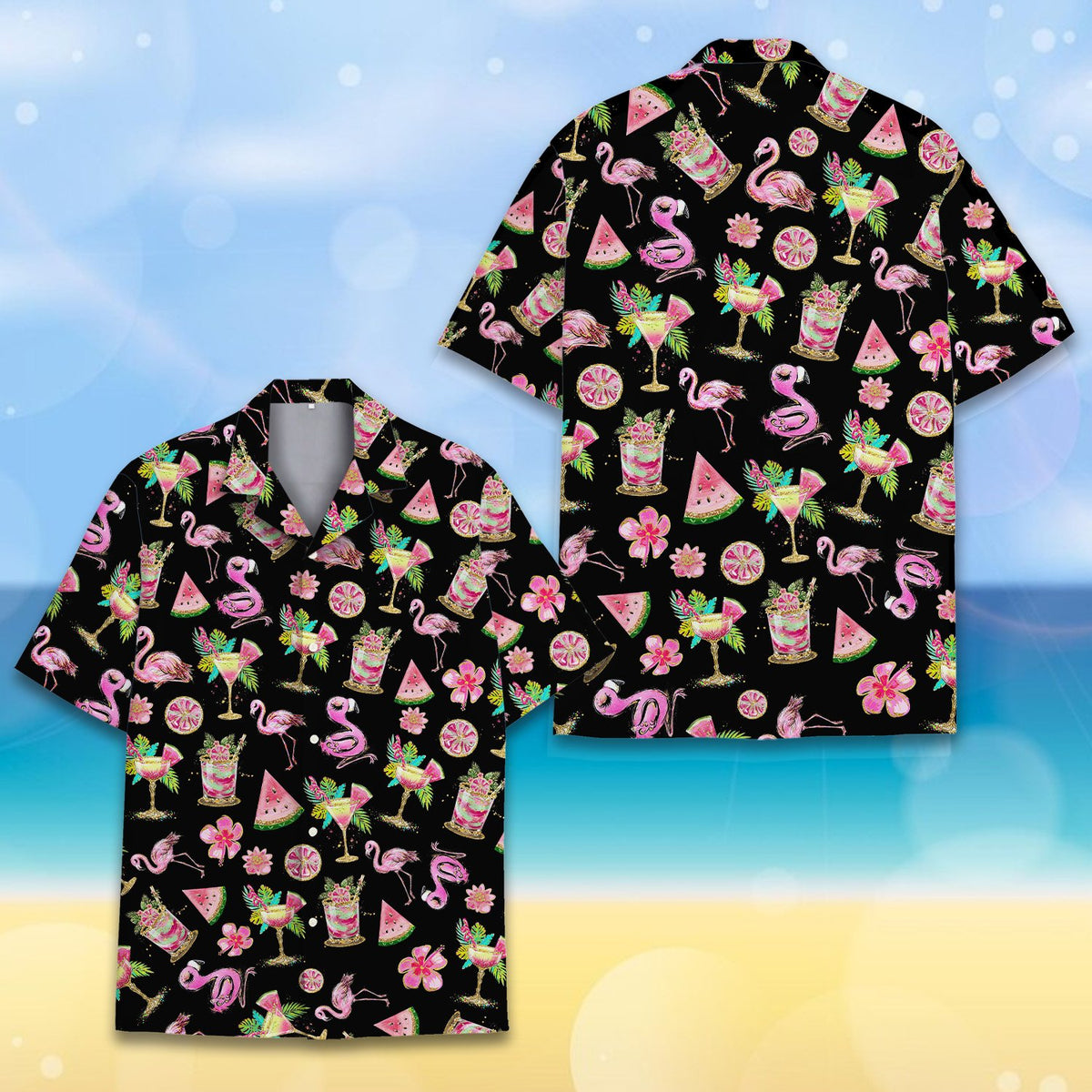 Pink flamingo and hibiscus floral hawaiian shirt, front view