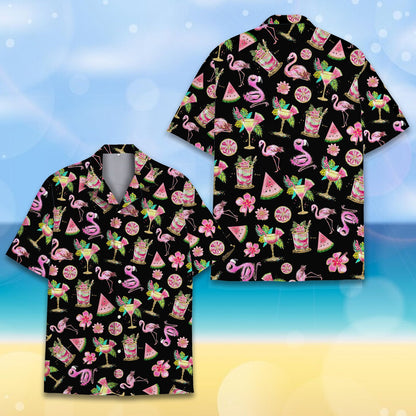 Pink flamingo and hibiscus floral hawaiian shirt, front view