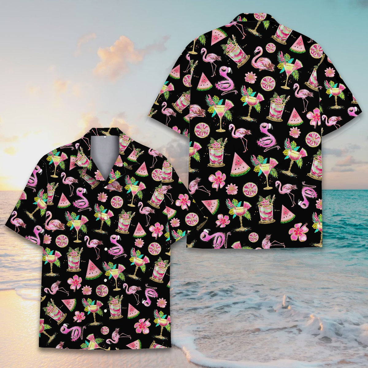 Black and pink flamingo button down shirt, front view