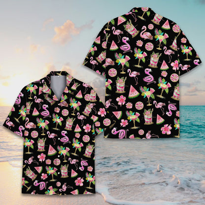 Black and pink flamingo button down shirt, front view