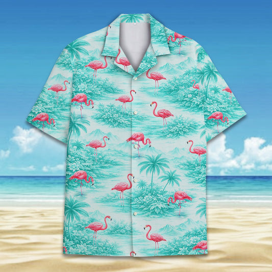 Tropical flamingo hawaiian shirt with teal and pink vintage print, main view