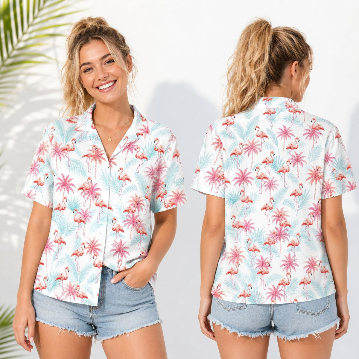 Lifestyle image of people wearing the matching family hawaiian shirts with tropical flamingo print