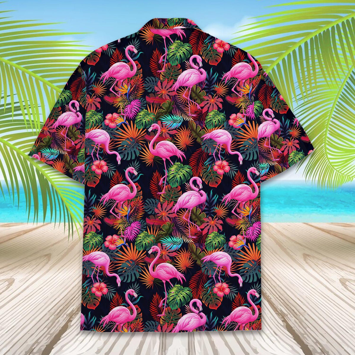Detailed back view displaying the colorful tropical and flamingo print