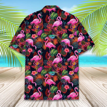 Detailed back view displaying the colorful tropical and flamingo print