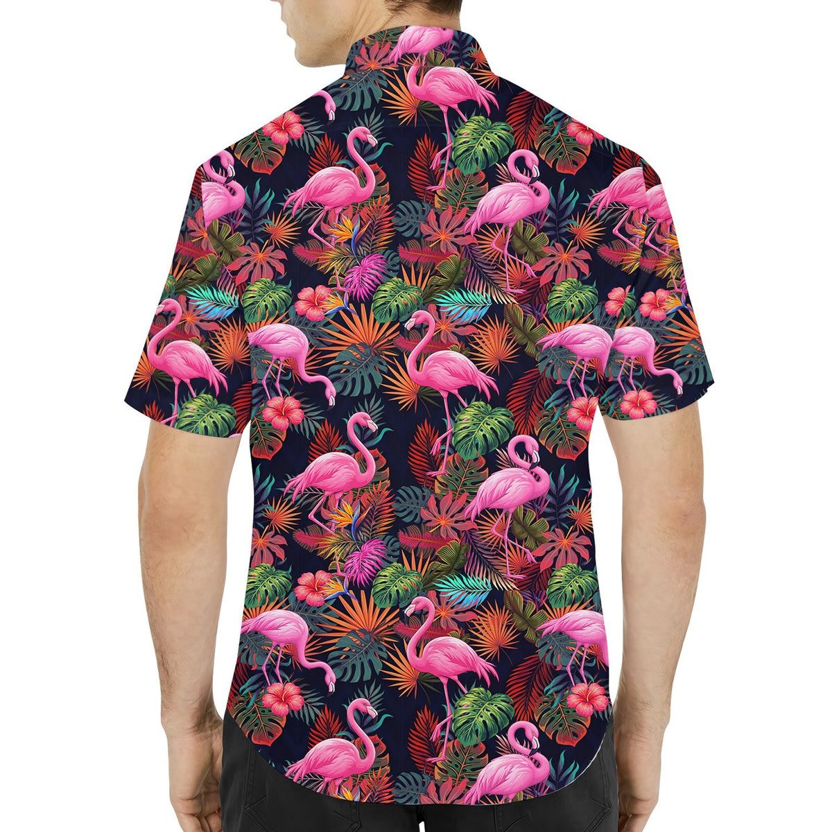 Back view of the tropical flamingo hawaiian shirt in navy